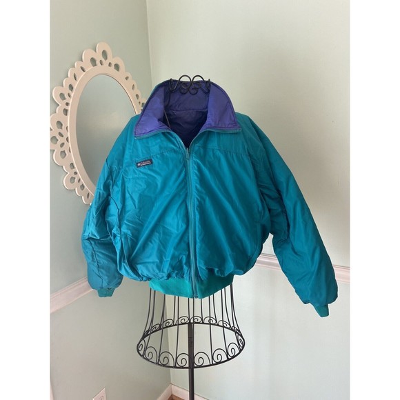 COLUMBIA Vtg Duck DOWN Ski Jacket Winter Coat L Reversible Teal Aqua Purple - Picture 1 of 7
